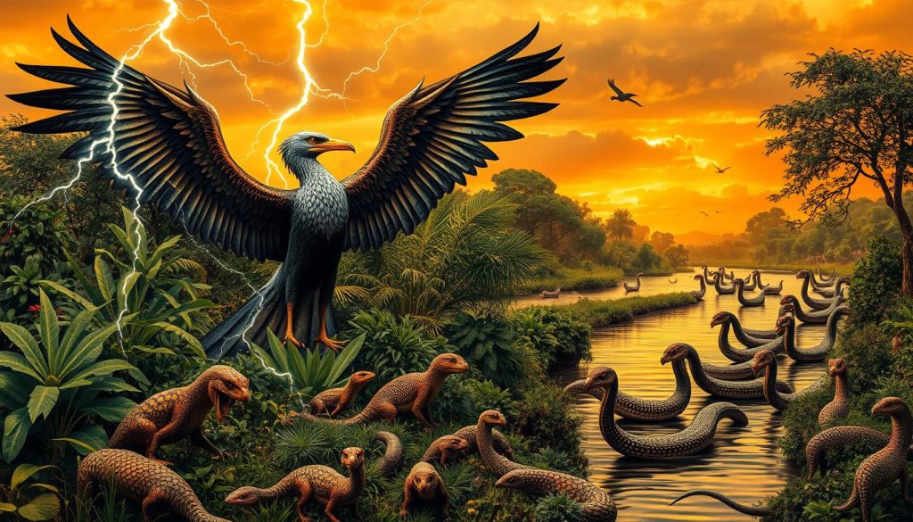 A stunning mosaic of mythical African creatures, captured in a lush, naturalistic scene. In the foreground, a towering Impundulu - the legendary lightning bird - spreads its majestic wings, electricity crackling around it. In the middle ground, a Tokoloshe, the mischievous dwarf-like spirit, lurks mischievously among the dense foliage. In the distance, a herd of Inkanyamba, serpentine water spirits, undulate gracefully through a tranquil river, their scales shimmering in the warm, golden light. The composition is balanced and harmonious, inviting the viewer to immerse themselves in the rich tapestry of African mythology.