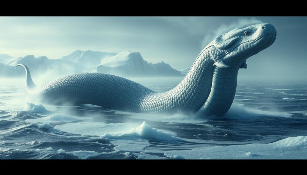 A colossal ice serpent, its sinuous body undulating gracefully through the frigid Antarctic waters. Glistening scales catch the pale arctic light, hinting at an otherworldly beauty. The serpent's long, tapered head surveys its domain, eyes shining with an ancient, primal intelligence. Swirling mists obscure the creature's full form, a sense of mystery and the unknown permeating the scene. Towering glaciers loom in the distance, their icy facades a fitting backdrop for this mythical leviathan of the deep. Dramatic lighting casts deep shadows, accentuating the serpent's powerful musculature and commanding presence. An aura of reverence and wonder radiates from this elusive, magnificent being.