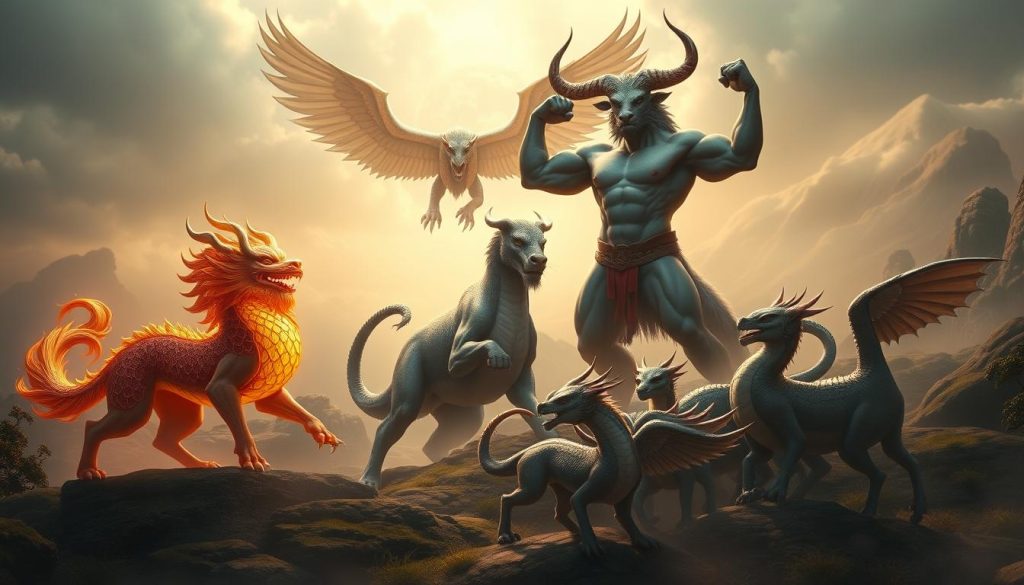 A grand mythological landscape unfolds, where Eastern and Western hybrid creatures coexist in a harmonious dance. In the foreground, a graceful qilin, its leonine body adorned with glowing scales, stands majestic. Alongside it, a towering minotaur flexes its muscular humanoid frame, crowned with the horns of a mighty bull. In the middle ground, a winged serpent, its scales gleaming like polished jade, soars above a pack of chimeras, their feline, reptilian, and avian features blending seamlessly. In the distant background, a mystical portal opens, revealing glimpses of other realms where fantastical hybrids thrive. Warm, diffused lighting bathes the scene in an ethereal glow, capturing the timeless wonder of these legendary creatures.