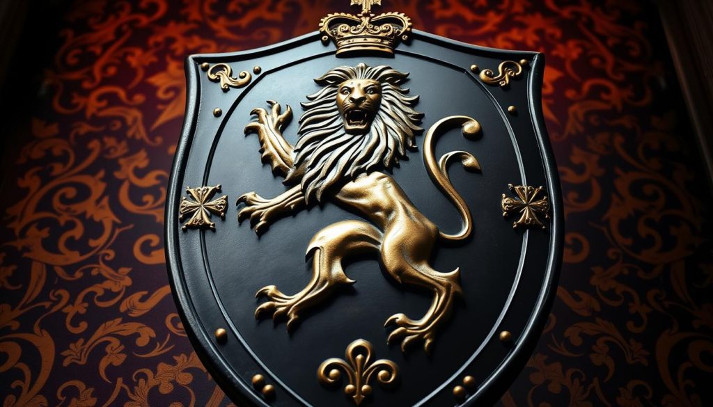 A heraldic shield emblazoned with a majestic medieval lion, its mane flowing majestically as it stands tall against a backdrop of rich, ornate patterns. Gilded accents and heraldic symbols adorn the shield, evoking the grandeur and power of the noble beast. The scene is illuminated by soft, warm lighting, casting a regal and atmospheric glow. The angle captures the shield from a low, heroic perspective, emphasizing the lion's commanding presence. The overall composition conveys the enduring symbolism of the lion in European lore, a symbol of strength, courage, and royal authority.