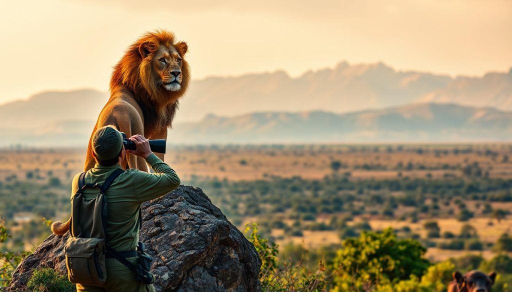 A majestic lion standing atop a rocky outcrop, its eyes fixed with unwavering determination as it surveys the vast African savanna. In the foreground, a ranger carefully monitors the animal's movements, their binoculars raised, capturing the delicate balance between conservation and the natural world. The middle ground is dotted with lush vegetation, a testament to the ongoing efforts to preserve the lion's habitat. In the background, a distant mountain range stands tall, its peaks bathed in warm, golden light, symbolizing the mythological significance of the lion throughout history. The scene is imbued with a sense of solemnity and reverence, capturing the essence of the lion's enduring legacy and the crucial importance of conservation efforts to protect this iconic species.