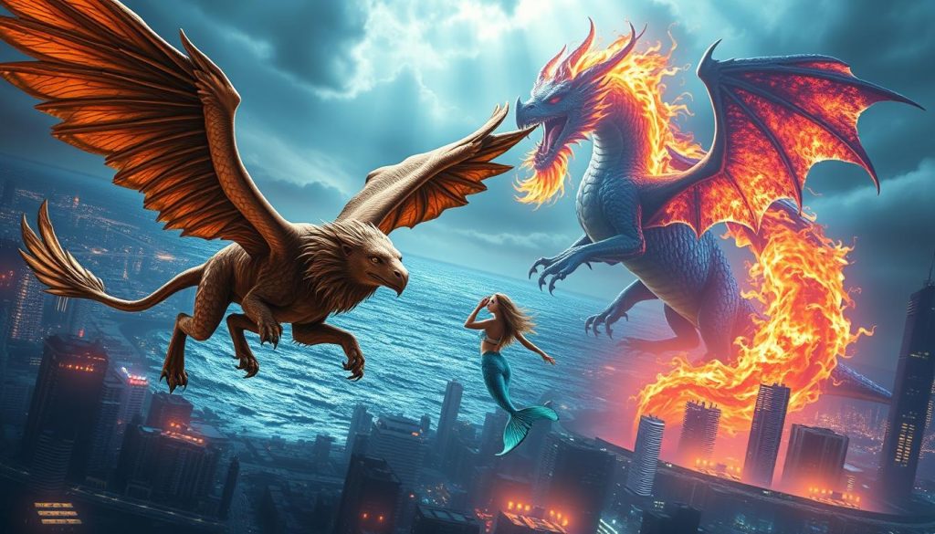 A vibrant, dynamic scene depicting mythical creatures from folklore and legend within a contemporary digital media setting. In the foreground, a griffon-like creature with the body of a lion and the wings of an eagle soars above a bustling cityscape, its majestic presence commanding attention. In the middle ground, a mermaid-like being emerges from a holographic ocean, her shimmering scales and flowing hair hinting at the ancient mysteries of the sea. In the background, a towering dragon wreathed in holographic flames breaths a digital inferno, its powerful form symbolizing the enduring legacy of mythology in the modern age. Dramatic lighting casts dramatic shadows, creating an atmosphere of awe and wonder. A high-resolution, highly detailed image capturing the seamless integration of mythical and contemporary elements.