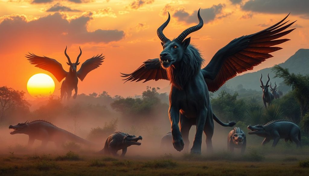 Majestic hybrid beasts of African mythology, towering in a lush, primordial landscape. Winged lion-like creatures with the horns of antelopes and the scales of crocodiles, their eyes glowing with ancient wisdom. In the foreground, a single, powerful hybrid guardian emerges from the mist, its muscular form silhouetted against a vibrant, sunset-painted sky. In the middle distance, a herd of these mystical beings prowls through a dense, verdant thicket, their movements fluid and graceful. The background reveals a timeless, rugged terrain, hinting at the untamed, primal nature of these legendary creatures.