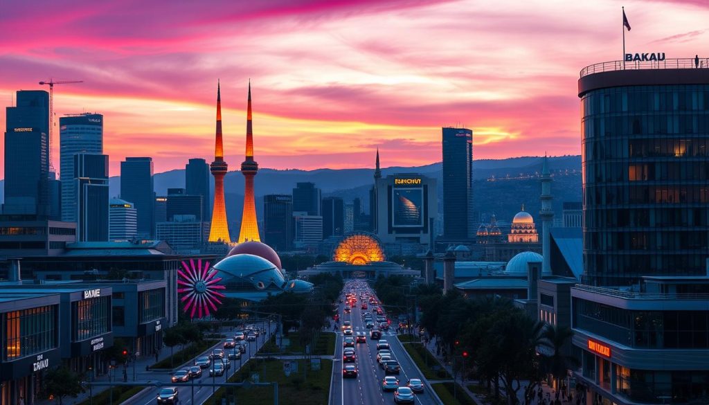 A bustling city skyline at dusk, with the iconic Flame Towers of Baku illuminated against a vibrant purple and orange sky. In the foreground, a diverse array of modern architecture, from sleek glass highrise buildings to contemporary art installations. In the middle ground, a lively city street teeming with people, cars, and public transportation. Subtle nods to Baku's cultural heritage, such as traditional domes and minarets, can be seen in the background, blending seamlessly with the city's futuristic aesthetic. The scene is bathed in a warm, cinematic lighting, creating a sense of energy and dynamism that captures the spirit of Baku's thriving presence in popular culture.