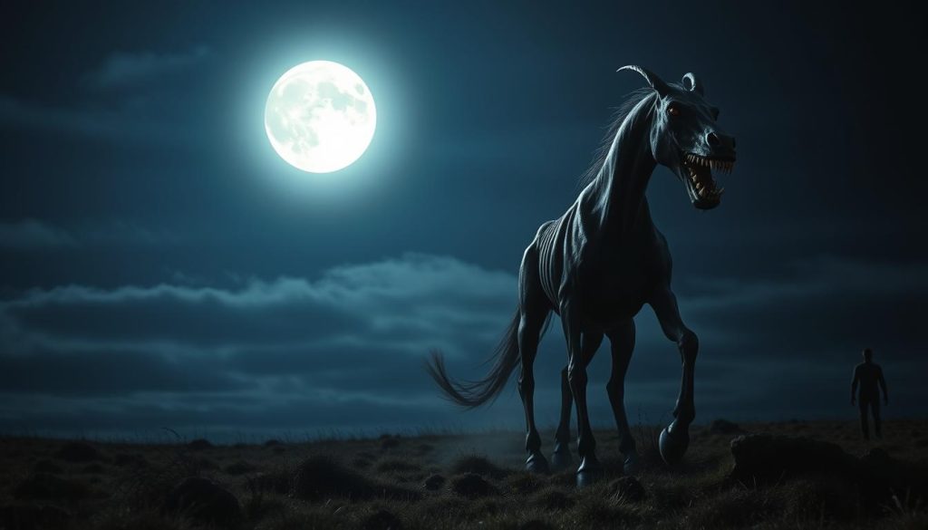 A dimly lit Scottish moor, the night sky aglow with a full moon. In the distance, a horrific creature emerges from the shadows - the Nuckelavee, a demonic horse-like entity with a humanoid torso, its skin a sickly gray and its eyes burning with malice. The Nuckelavee's long, skeletal limbs and gaping maw filled with razor-sharp teeth instill pure terror in the onlooker. The creature's movements are unnaturally fluid, as if it glides across the ground. An eerie, unearthly wail echoes across the bleak landscape, sending shivers down the spine. The scene is bathed in an ominous, foreboding atmosphere, capturing the sheer dread and otherworldly presence of this legendary Scottish monster.