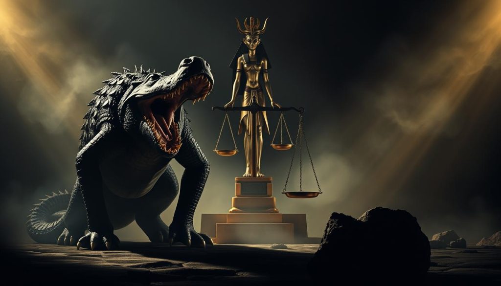 A dramatic, high-contrast depiction of Ammit, the Egyptian soul-devouring deity, embodying the theological symbolism of the afterlife judgment. In the foreground, Ammit's monstrous form - a hybrid of crocodile, lion, and hippopotamus - stands imposingly, its jaws agape, ready to consume the unworthy souls. Dramatic lighting casts deep shadows, emphasizing the creature's ominous presence. In the middle ground, the scales of Ma'at, the goddess of truth and justice, loom, representing the pivotal moment of judgment. The background is shrouded in an ethereal, mystical atmosphere, evoking the mysteries of the Egyptian underworld and the profound spiritual significance of Ammit's role in the afterlife.