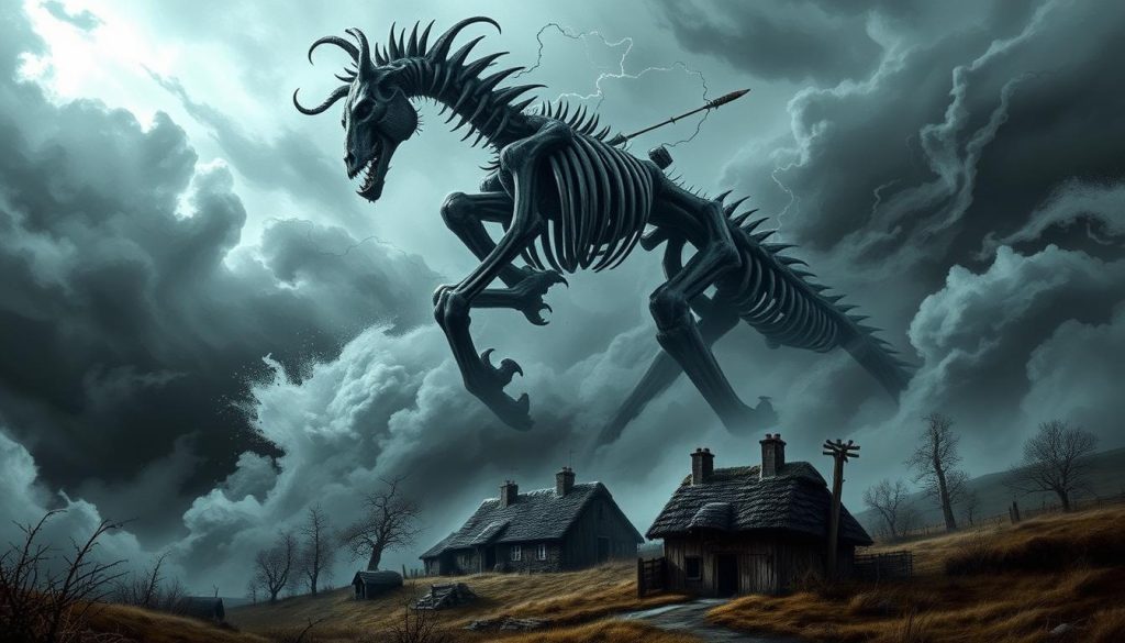 A haunting scene of the legendary Nuckelavee from Scottish folklore, as depicted in popular media. In the foreground, the towering, nightmarish creature emerges from a swirling mist, its skeletal equine form and humanoid torso twisting and contorting. Wisps of dark energy crackle around its twisted limbs, while its gaping maw and soulless eyes convey a sense of pure malevolence. In the middle ground, a small village cowers in the shadow of this demonic entity, its thatched-roof buildings and windswept trees evoking a sense of rural isolation. The background is a brooding, storm-tattered sky, hinting at the supernatural power of this ancient and terrifying being.
