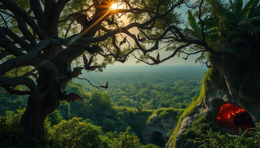 A lush, verdant ecosystem teeming with life. In the foreground, a colony of bats cling to the branches of ancient, gnarled trees, their leathery wings outstretched. Rays of moonlight filter through the canopy, casting a warm, ethereal glow over the scene. In the middle ground, a network of caves and crevices serve as the bats' roosting sites, their dark silhouettes visible against the glowing entrance. In the background, a vast, untamed wilderness stretches out, filled with diverse flora and fauna coexisting in a delicate balance. The atmosphere is one of quiet wonder and reverence, capturing the essence of the Mayan bat god Camazotz and the importance of conserving these crucial ecosystems.