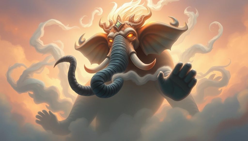 A majestic Baku spirit, its ethereal form towering over a dreamscape. Wispy tendrils of mist swirl around its powerful, elephant-like frame, imbued with a serene, otherworldly aura. The Baku's eyes glow with a deep, compassionate wisdom, its trunk extended in a gesture of benevolence, protecting the fragile dreams of slumbering humans below. The background is a kaleidoscope of soothing hues, blending seamlessly into the Baku's mystical presence. Soft, diffused lighting casts a warm, tranquil glow, capturing the essence of the Baku's role as the guardian of dreams. Rendered in a painterly, evocative style that imbues the scene with a sense of wonder and magic.