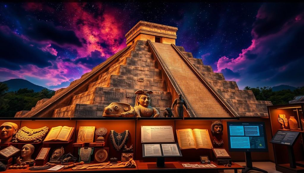 A majestic Mayan temple stands tall against a vibrant, starry night sky. In the foreground, an array of historical artifacts and relics are meticulously displayed, inviting viewers to explore the rich tapestry of Mayan mythology. Ornate stone carvings, ancient scrolls, and intricate jewelry pieces capture the essence of this captivating culture. Warm, amber lighting casts a mystical glow, evoking a sense of reverence and discovery. The middle ground features a collection of educational resources, including illuminated manuscripts, interactive displays, and informative plaques, guiding visitors through the captivating tales of Mayan deities and legends. The composition is balanced, with a sense of depth and dimension, drawing the viewer into this immersive Mayan mythology exhibition.