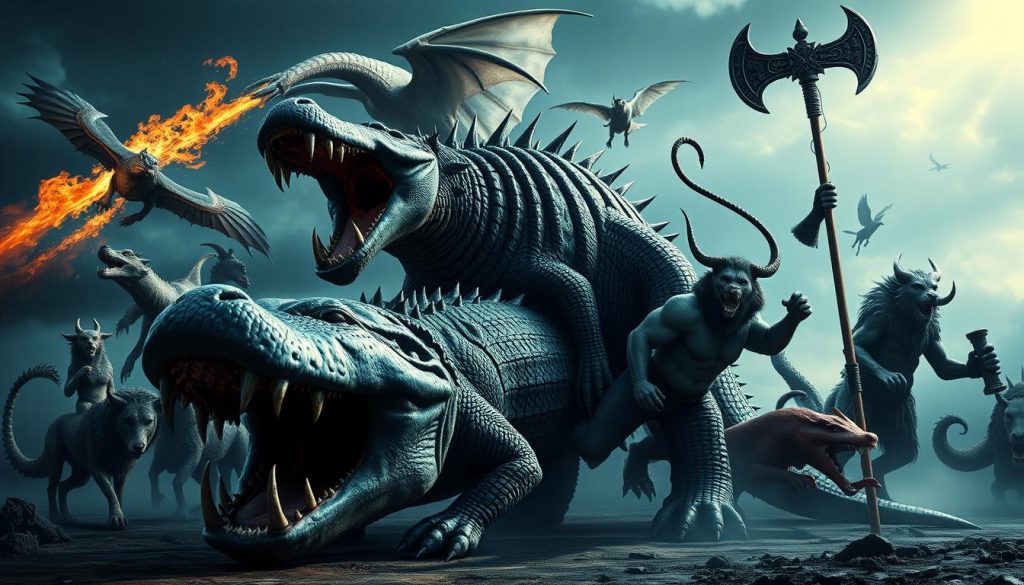 A visually striking comparison of mythical creatures, showcasing their unique attributes and shared mystical essence. In the foreground, the fearsome Ammit, an Egyptian soul-eater with the head of a crocodile, the body of a lion, and the hindquarters of a hippopotamus, looms large, its jaws agape. Surrounding it, a captivating array of other legendary beasts - a majestic dragon breathing fire, a winged Griffin soaring overhead, a cunning Kitsune fox with multiple tails, and a towering Minotaur wielding a battle-worn axe. Bathed in a moody, otherworldly light, the scene evokes a sense of ancient power and the eternal battle between good and evil. Rendered with meticulous detail and a cinematic, epic quality.