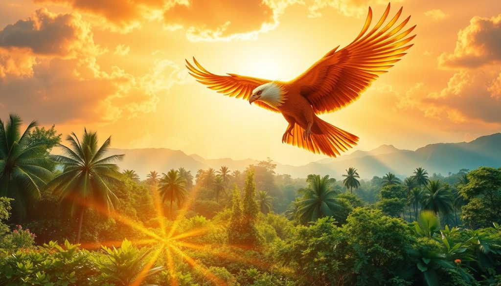 A majestic Garuda, portrayed as a magnificent solar bird, soars through a vivid sunrise sky. In the foreground, its powerful wings are spread wide, feathers shimmering with hues of gold and orange, embodying the energy of the sun. Below, a lush, green landscape flourishes, featuring diverse flora like tall trees and colorful flowers to emphasize the importance of biodiversity. In the middle ground, rays of sunlight break through the clouds, casting a warm glow on the environment, while the brilliant colors reflect the themes of sustainability and environmental awareness. The background reveals distant mountains bathed in soft light, promoting a sense of harmony between nature and the solar energy symbolized by the Garuda. The atmosphere is serene yet uplifting, portraying a hopeful future for the planet. The lighting is soft and warm, evoking a sense of tranquility and connection to nature.