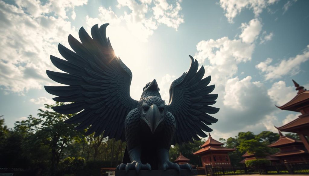 A majestic Garuda sculpture, intricately carved from dark stone, dominates the foreground, showcasing detailed feathers and a fierce expression. The middle ground features lush greenery, with hints of cultural artifacts and traditional architecture that hint at the rich heritage surrounding Garuda. In the background, a soft glow of sunlight filters through scattered clouds, illuminating the entire scene with a warm, golden hue. The composition is captured from a low angle, enhancing the imposing stature of the sculpture against the sky. This setting exudes a sense of reverence and spirituality, evoking the mythical essence of Garuda as a powerful symbol of protection and sovereignty. The overall atmosphere is serene yet awe-inspiring, perfect for illustrating the cultural significance of Garuda.