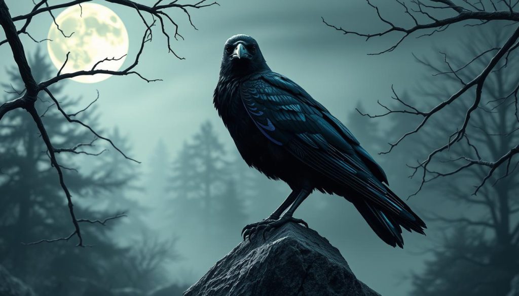 A modern interpretation of Valravn, showcasing a sleek and stylized raven perched on an ancient stone. The raven is depicted with iridescent black feathers that shimmer under soft moonlight, reflecting hues of blue and purple. In the foreground, delicate branches of a gnarled tree encircle the raven, accentuating its dark elegance. In the middle ground, a misty, ethereal forest fades into the distance, creating a dreamy atmosphere. The background features a full moon illuminating the scene, casting intricate shadows. The lighting is soft and moody, giving the image a sense of mystery and enchantment. The angle captures the raven at eye level, emphasizing its piercing gaze, while the overall mood evokes a blend of contemporary artistry and mythological reverence.