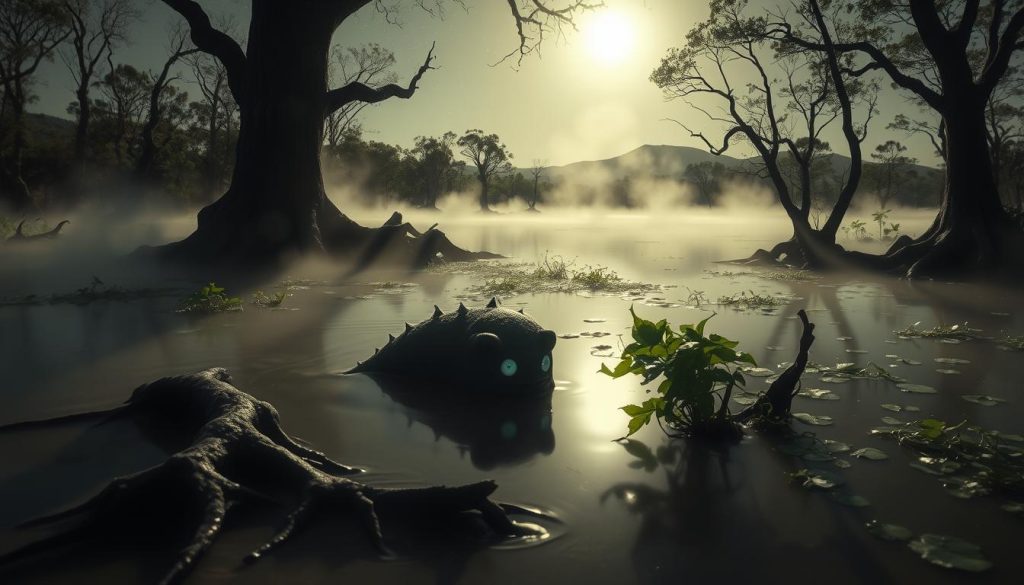 A mysterious and ethereal swamp scene showcasing a Bunyip, a mythical creature from Australian Aboriginal folklore. In the foreground, the Bunyip is partially submerged in murky water, revealing its sleek, dark body and large, luminous eyes that reflect the surrounding pale moonlight, creating an eerie glow. Surrounding it are gnarled tree roots and patches of vibrant green foliage, enhancing the natural habitat. In the middle ground, mist rises gently above the water, adding to the magical atmosphere, while shadows dance among the trees. The background features silhouettes of distant hills under a star-studded sky, casting a sense of intrigue. The overall mood is haunting yet enchanting, using soft lighting to emphasize the mystery of this legendary creature. Capture the scene from a low angle, allowing for an intimate view of the Bunyip against the expansive, mystical surroundings.