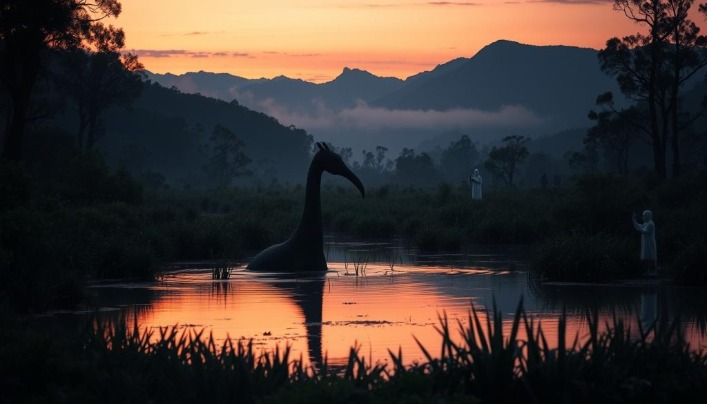 A mystical Australian landscape under a twilight sky, featuring a dense, enigmatic swamp surrounded by lush greenery. In the foreground, the water glimmers under the soft orange and purple hues of the sunset, reflecting the silhouette of a large, shadowy Bunyip emerging from the murky depths, its long neck stretching gracefully above the water. In the middle ground, thick reeds sway gently in a light breeze, while faint, ghostly apparitions of ancient Indigenous figures can be seen interacting with the swamp, hinting at the Bunyip's mythological significance. The background is filled with distant, misty mountains that loom over the scene, adding an air of mystery. The lighting is ethereal, casting a serene, yet eerie atmosphere, capturing the essence of folklore. The angle is slightly elevated, showcasing the layers of the swamp and its haunting beauty.