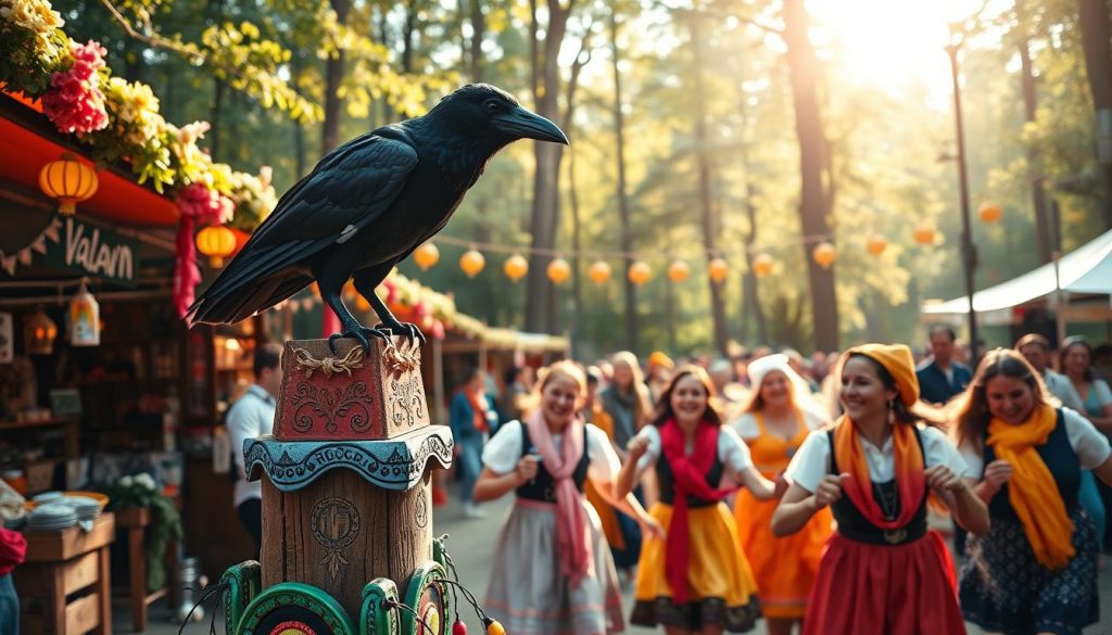 A vibrant festival scene celebrating the Valravn, featuring a majestic raven elegantly perched on a colorful, decorated wooden stand. In the foreground, festival-goers dressed in traditional Danish attire, including bright-colored scarves and hats, dance joyfully, their faces radiant with excitement. The middle ground showcases stalls adorned with flowers and lanterns, selling delicious local foods and handmade crafts. The background reveals an enchanting forest setting, with soft, dappled sunlight filtering through the leaves, creating a magical atmosphere. The scene captures the essence of celebration with an uplifting and festive mood, using warm lighting to enhance the feeling of joy and community. Shot from a slightly elevated angle to encompass both the dancers and the beautiful environment around them.