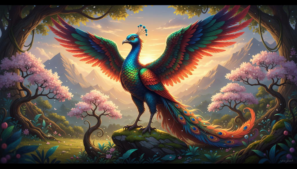 A majestic Simurgh, a mythical creature combining elements of a phoenix and a peacock, stands gracefully in a lush, vibrant landscape. In the foreground, the Simurgh's iridescent feathers shimmer in shades of emerald green, sapphire blue, and fiery gold, catching the light of a golden sunset. Its striking eyes reflect wisdom and benevolence. In the middle ground, delicate blossoms and ornate greenery surround it, enhancing the creature's regal presence. In the background, soft mountain silhouettes are bathed in warm hues, creating a dreamy atmosphere. The scene is illuminated with soft, dappled sunlight filtering through the leaves, casting enchanting shadows. The tranquil mood invites contemplation, inviting viewers to explore the depth of the Simurgh's symbolism and mythology. A majestic Simurgh, a mythical creature combining elements of a phoenix and a peacock, stands gracefully in a lush, vibrant landscape. In the foreground, the Simurgh's iridescent feathers shimmer in shades of emerald green, sapphire blue, and fiery gold, catching the light of a golden sunset. Its striking eyes reflect wisdom and benevolence. In the middle ground, delicate blossoms and ornate greenery surround it, enhancing the creature's regal presence. In the background, soft mountain silhouettes are bathed in warm hues, creating a dreamy atmosphere. The scene is illuminated with soft, dappled sunlight filtering through the leaves, casting enchanting shadows. The tranquil mood invites contemplation, inviting viewers to explore the depth of the Simurgh's symbolism and mythology.