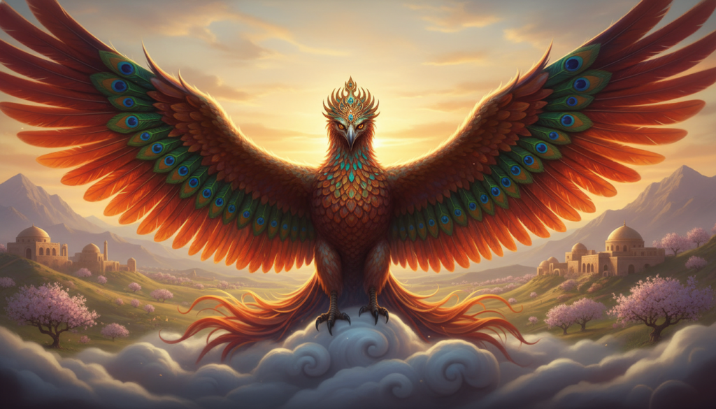 A majestic Simurgh perched atop a cloud, its vibrant plumage blending iridescent feathers of a peacock and the fiery hues of a phoenix. In the foreground, the Simurgh's wings are spread wide, showcasing intricate patterns and colors that symbolize wisdom and benevolence. In the middle ground, an ethereal landscape reminiscent of ancient Persia is visible, with rolling hills and blossoming trees. In the background, distant mountains silhouetted against a golden sunset evoke a mystical atmosphere. Soft, warm lighting bathes the scene in an inviting glow, enhancing the serene and majestic mood. The depth of field focuses on the Simurgh, while maintaining a slightly blurred backdrop, capturing a sense of otherworldly beauty and connection across cultures. A majestic Simurgh perched atop a cloud, its vibrant plumage blending iridescent feathers of a peacock and the fiery hues of a phoenix. In the foreground, the Simurgh's wings are spread wide, showcasing intricate patterns and colors that symbolize wisdom and benevolence. In the middle ground, an ethereal landscape reminiscent of ancient Persia is visible, with rolling hills and blossoming trees. In the background, distant mountains silhouetted against a golden sunset evoke a mystical atmosphere. Soft, warm lighting bathes the scene in an inviting glow, enhancing the serene and majestic mood. The depth of field focuses on the Simurgh, while maintaining a slightly blurred backdrop, capturing a sense of otherworldly beauty and connection across cultures.