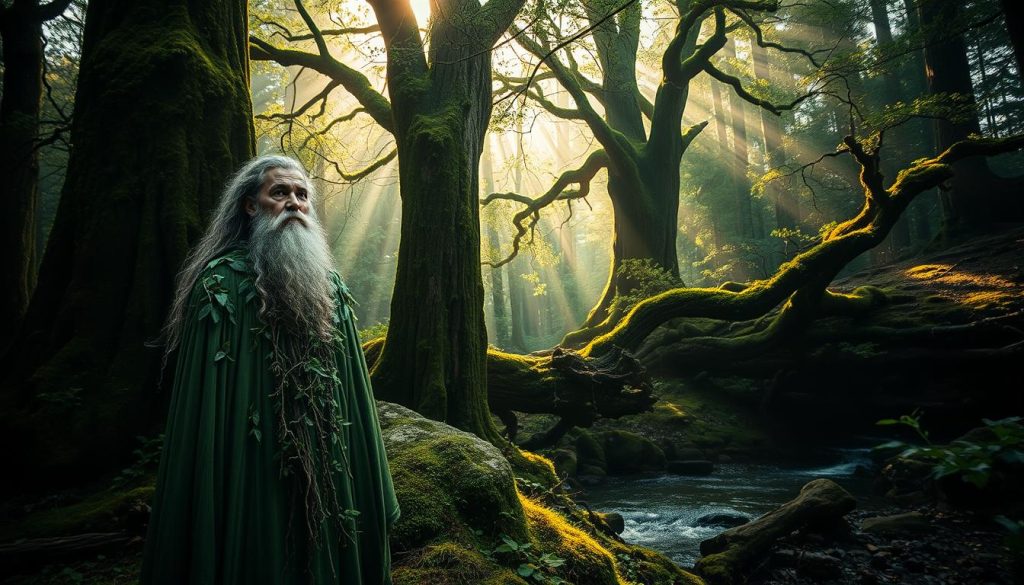 A majestic forest scene capturing the essence of "Leshy: The Slavic Forest Protector" in modern times. In the foreground, the Leshy, a tall, ethereal figure clad in flowing green robes adorned with leaves and twigs, stands with a wise, gentle expression. His hair blends seamlessly with branches and moss, embodying the spirit of the forest. In the middle ground, ancient trees tower, their trunks gnarled and covered in vibrant moss, while shafts of golden sunlight pierce through the canopy, creating dappled patterns on the forest floor. In the background, a serene stream flows, reflecting the greenery around it. The atmosphere is tranquil yet mystical, evoking a sense of connection to nature and reverence for the ancient protector. The composition is framed with a soft focus, enhancing the dreamlike quality of the scene.