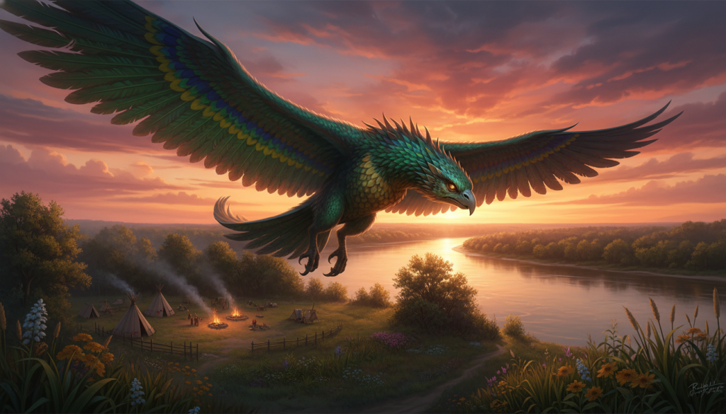 A mesmerizing scene depicting the Piasa Bird, a mythical dragon-like creature, soaring majestically over the Mississippi River. In the foreground, the detailed figure of the Piasa Bird, with vibrant feathers in shades of green and blue, featuring large, fierce eyes and elongated wings. In the middle ground, the lush riverbank is dotted with native foliage, and a small Indigenous settlement can be seen, reflecting the connection between nature and mythology. The background showcases a dramatic sunset sky with hues of orange and purple, casting a warm glow over the landscape. Soft lighting highlights the creature's scales, creating a welcoming yet mysterious atmosphere, promoting intrigue about ancient myths. The angle captures the majesty of the bird from below, emphasizing its size and the timeless allure of myths. A mesmerizing scene depicting the Piasa Bird, a mythical dragon-like creature, soaring majestically over the Mississippi River. In the foreground, the detailed figure of the Piasa Bird, with vibrant feathers in shades of green and blue, featuring large, fierce eyes and elongated wings. In the middle ground, the lush riverbank is dotted with native foliage, and a small Indigenous settlement can be seen, reflecting the connection between nature and mythology. The background showcases a dramatic sunset sky with hues of orange and purple, casting a warm glow over the landscape. Soft lighting highlights the creature's scales, creating a welcoming yet mysterious atmosphere, promoting intrigue about ancient myths. The angle captures the majesty of the bird from below, emphasizing its size and the timeless allure of myths.