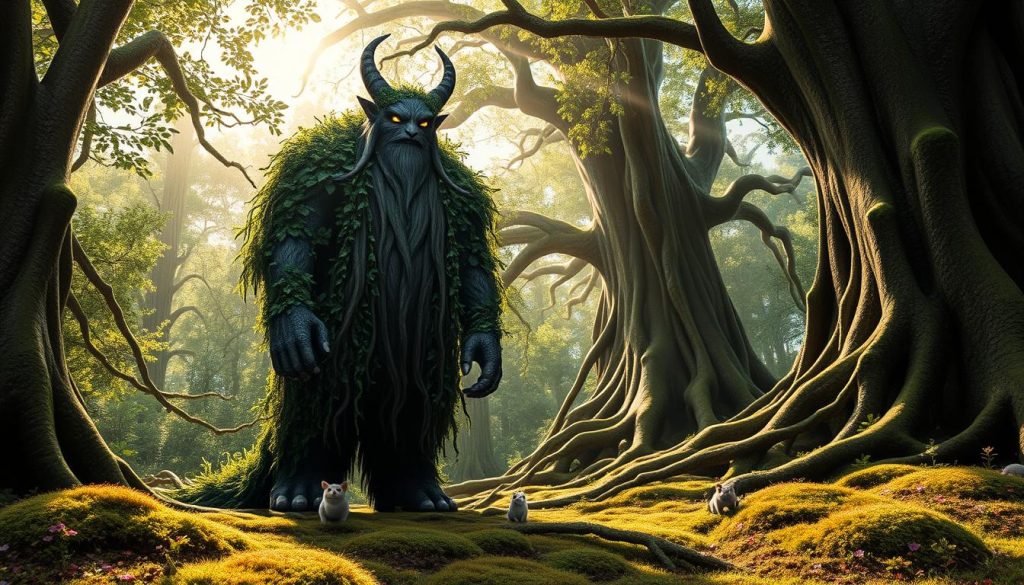 A mystical Slavic Leshy stands gracefully in an enchanted forest, showcasing its majestic and ancient features. In the foreground, capture the Leshy's tall, towering form adorned with vibrant green foliage and earthy textures, its eyes glowing with a gentle, wise light. Surround it with small forest creatures peeking from behind trees, creating a sense of harmony and protection. The middle ground features a dense thicket of ancient trees, their gnarled roots and thick canopies adding depth. The background reveals soft, dappled sunlight filtering through the leaves, casting warm rays on a carpet of rich moss and wildflowers. Use a slightly elevated angle to accentuate the Leshy’s stature, with a serene ambiance that reflects the guardian essence of this legendary creature.