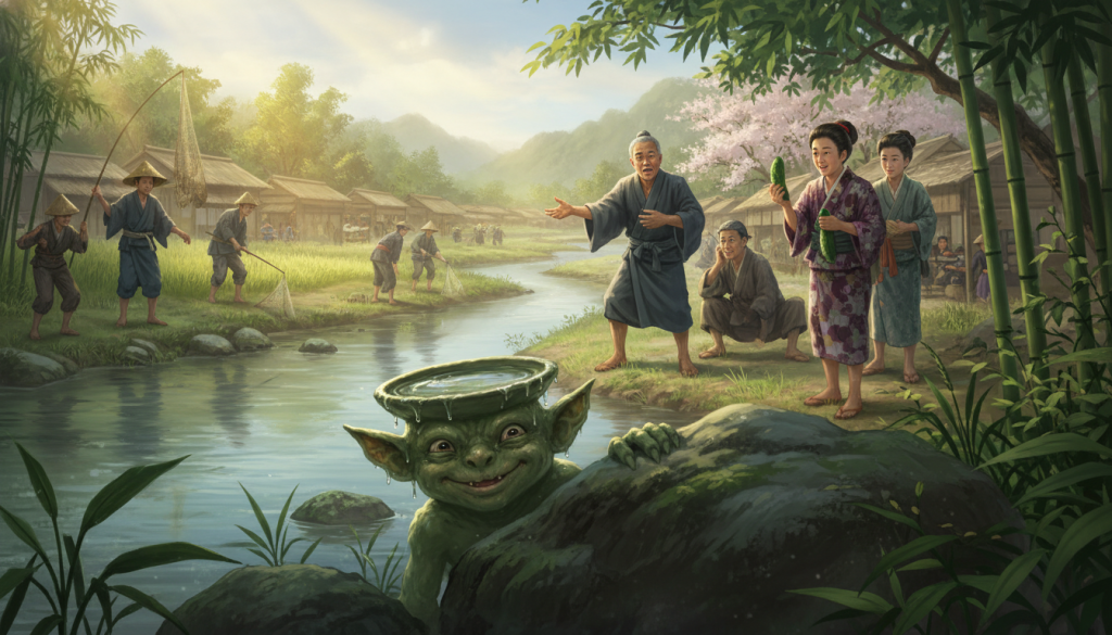 A serene riverside setting depicting a lively scene of kappa stories, featuring a group of traditional Japanese villagers engaging in daily activities such as fishing and farming, wearing modest clothing. In the foreground, a playful kappa with a small, dish-like water feature atop its head, mischievously peering from behind a rock, its green, scaly skin glistening in the sunlight. In the middle ground, villagers share tales with animated expressions, highlighting their interactions with these river demons. The background shows lush greenery along the riverbank, with soft sunlight filtering through the trees, casting dappled shadows over the scene. The image evokes a sense of wonder and nostalgia, capturing the harmonious coexistence of humans and mythical beings.