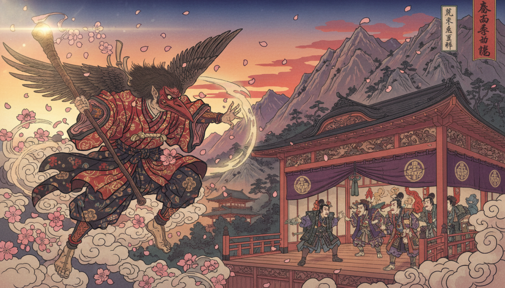 A vibrant and detailed illustration of Tengu culture, showcasing a Tengu figure adorned in traditional Japanese garments, blending a bird-like visage with a human form. In the foreground, the Tengu is depicted mid-flight, clutching a wooden staff, surrounded by swirling cherry blossom petals. In the middle ground, an ancient Japanese theater stage with ornate curtains reveals actors in traditional attire performing a Kabuki scene inspired by Tengu folklore. The background shows a majestic mountain landscape under a soft twilight sky, with distant peaks silhouetted against warm hues of orange and purple. Soft, ethereal lighting enhances the mystical atmosphere, while a slight lens flare adds to the enchanting mood. The overall composition captures the essence of Tengu in Japanese cultural memory, merging myth and performance art.