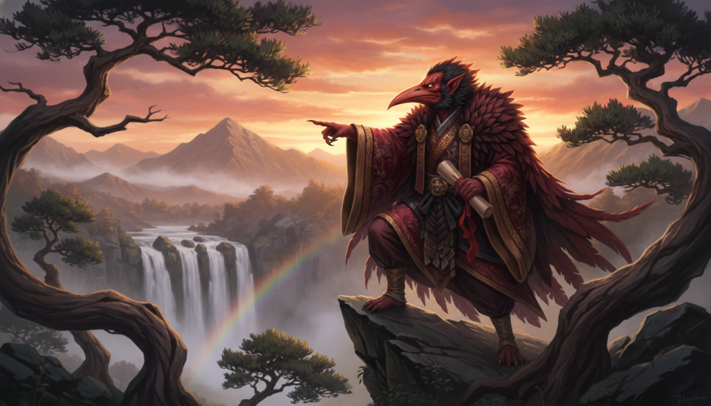 A wise tengu perched on a rocky crag, bathed in warm golden light from a setting sun, illuminating its intricate feathered attire and sharp features. The tengu, embodying both moral authority and cunning mischief, gestures authoritatively with one hand while holding a traditional Japanese scroll in the other. In the foreground, ancient pine trees frame the scene, their silhouettes contrasting with the soft hues of the sky. Midground features a cascading waterfall, symbolizing the balance of nature and justice. In the background, distant mountains rise majestically, shrouded in mist, enhancing a sense of mystery and lore. The atmosphere is both serene and slightly ominous, evoking the duality of the tengu as both teachers and tricksters in Japanese mythology. The image captures the essence of the tengu’s role as both a guardian and a moral guide.