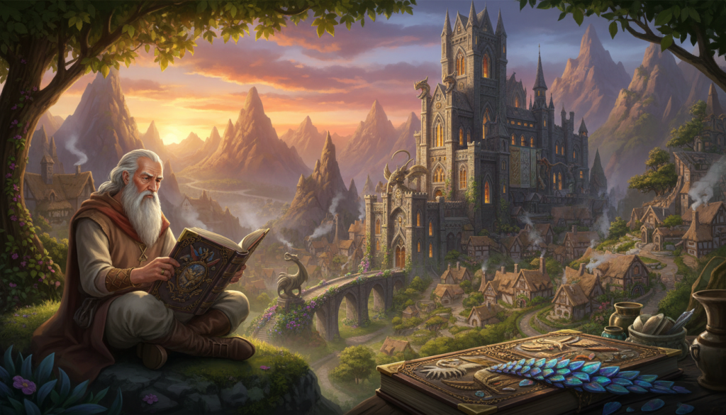 A fantastical landscape showcasing an ancient, sprawling village nestled in the foothills of a majestic mountain range. In the foreground, a wise, elderly scholar in modest casual attire examines a large, ornate book adorned with intricate illustrations of mythological beasts inspired by real animals. Delicate dragon scales glisten in the dappled sunlight filtering through leaves overhead. The middle ground features a grand library made of stone, reminiscent of a gothic castle, with shelves filled with fossilized bones and scrolls depicting dragons and other lore-inspired creatures. The background displays a vibrant sunset casting warm hues across the sky, enhancing the atmosphere of wonder and discovery. The scene is bathed in soft, ethereal lighting, inviting viewers into the rich world where science and fantasy intertwine.