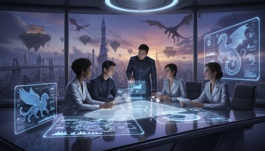 A sophisticated, futuristic workspace depicting a 'workflow' theme with a touch of fantasy. In the foreground, a polished, high-tech desk cluttered with holographic charts and blueprints showcasing mythical creatures inspired by real animals. In the middle ground, a diverse group of professionals in smart business attire, including a diverse mix of ethnicities, engaged in a lively discussion about project deliverables. The background features a large window revealing a vibrant cityscape, complemented by fantasy elements like floating islands and dragon silhouettes against a twilight sky. Soft, dramatic lighting highlights the faces of the team, casting intriguing shadows and creating a collaborative atmosphere filled with inspiration and ambition. The image captures both a sense of modernity and the essence of mythological creativity.