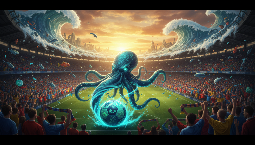 A vibrant and dynamic scene representing a fusion of Premier League soccer and deep-water mythology, aimed at U.S. audiences. In the foreground, a stylized, mythical sea monster is playfully dribbling a soccer ball, embellished with intricate marine patterns. Middle ground features a soccer stadium filled with animated fans wearing vibrant jerseys and cheering, creating an electrifying atmosphere. The backdrop shows a fantastical ocean merging with the stadium, waves crashing against the structure, illuminated by dramatic, golden sunset lighting. The scene conveys a sense of excitement and wonder, blending sports and mythology seamlessly. The perspective is slightly elevated, with a wide-angle lens to capture the immersive environment and lively interactions between fans and the mythical creature.