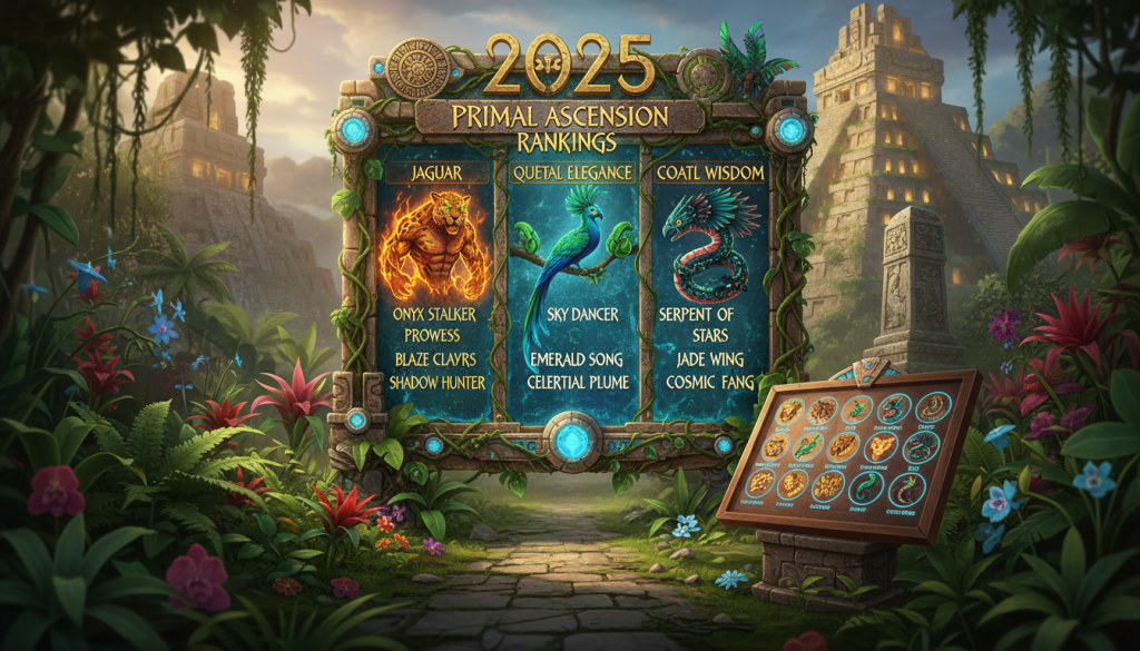 A vibrant and imaginative depiction of a fantasy ranking board for the year 2025, featuring Mesoamerican sacred animals—specifically, a powerful jaguar, an elegant quetzal, and a mythical feathered serpent. In the foreground, a sleek fantasy draft board is laden with illustrations of these animals, showcasing their essence. The middle ground is rich with lush, tropical flora, enhancing the overall theme, while an intricate depiction of ancient Mesoamerican architecture looms in the background. Soft, warm lighting casts an inviting glow over the scene, with a slight bokeh effect to create depth. The atmosphere is exhilarating yet professional, perfectly blending fantasy with the concept of animal rankings, ideal for an article section on future planning.