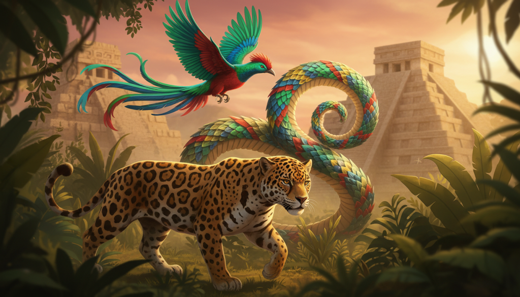 A visually striking composition featuring a stylized representation of the Mesoamerican sacred animals: a powerful jaguar, a vibrant quetzal, and a majestic feathered serpent. In the foreground, the jaguar prowls confidently among lush tropical foliage, its muscular form illuminated by dappled sunlight filtering through the leaves. The quetzal flits above, its vivid green and red feathers catching the light, creating a sense of movement and vitality. The feathered serpent coils gracefully in the middle ground, its iridescent scales shimmering, symbolizing the intertwining of life and spirituality. In the background, ancient stone ruins rise majestically under a warm sunset, evoking a sense of history and reverence. Use a slightly soft focus and warm lighting to create an inviting and mystical atmosphere, evoking the richness of Mesoamerican culture.
