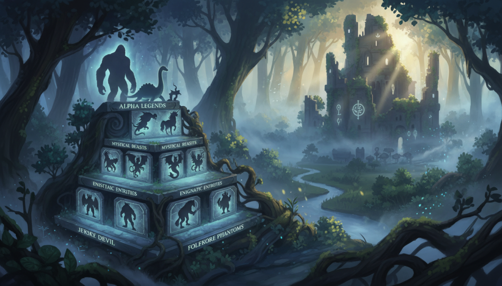 A visually striking illustration depicting a tiered ranking system of cryptids and mythological creatures, set against a rich, atmospheric background of a mystical forest. In the foreground, showcase carefully organized tiers resembling a draft board, with silhouettes of iconic creatures like Bigfoot, the Loch Ness Monster, and a unicorn prominently displayed on their respective levels. The middle ground features subtle hints of fog and ethereal light filtering through the trees, enhancing the otherworldly feel. In the background, create a shadowy landscape with ancient ruins and mystical symbols to evoke a sense of folklore. Use soft, diffused lighting to give the scene a dreamlike quality, capturing a mood of intrigue and wonder. The perspective should be slightly elevated, offering an overview of the ranking tiers while maintaining focus on the characters.