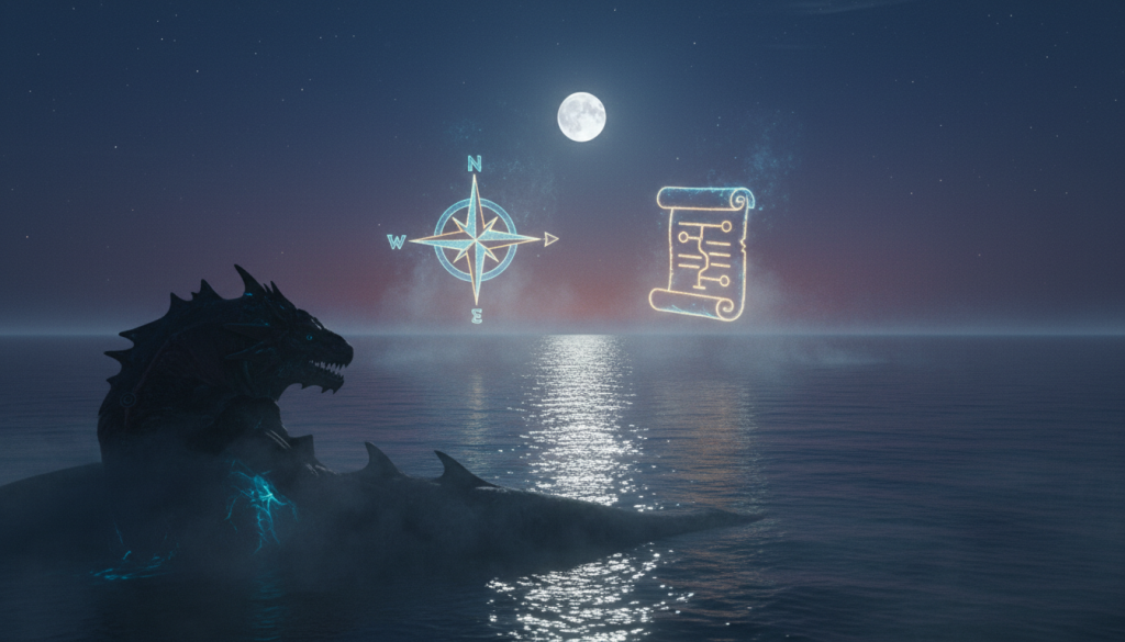 A visually striking image depicting the concept of "start" in a deep-water setting. In the foreground, a large, shadowy silhouette of a mythical sea monster, its features partially obscured by swirling sea fog, implies mystery and depth. The middle ground features a tranquil surface of water, reflecting moonlight with shimmering highlights. Floating above, stylized symbols representing decision-making, like a compass and an abstract playbook, hover gently in the mist, conveying the theme of choices. The background shows the expansive ocean stretching towards a faint horizon, where the sky transitions from deep navy blue to twilight purple, creating a dramatic contrast. The image is illuminated by soft, ethereal lighting, enhancing the mystical atmosphere while maintaining a sense of intrigue and safety.