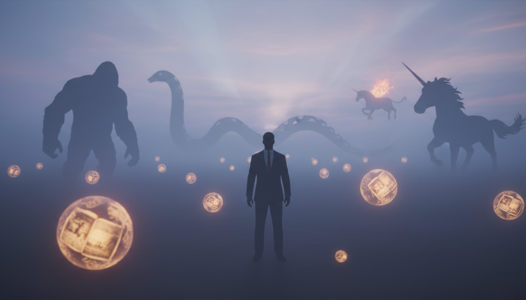An imaginative scene depicting an abstract game of "Availability," set in an ethereal landscape where cryptids and mythological creatures linger. In the foreground, luminous orbs symbolize legends, hovering around a central figure—an enigmatic guardian dressed in professional business attire, observing the creatures. Mid-ground features shadowy silhouettes of iconic cryptids like Bigfoot and the Loch Ness Monster, with hints of mythological beings like unicorns and phoenixes blending into the mist. The background showcases a twilight sky, casting soft purples and blues, with gentle beams of light illuminating the scene, creating an atmosphere of mystery and intrigue. The composition employs a slightly angled perspective, drawing the viewer's eye to the central figure, emphasizing the theme of availability in legends.